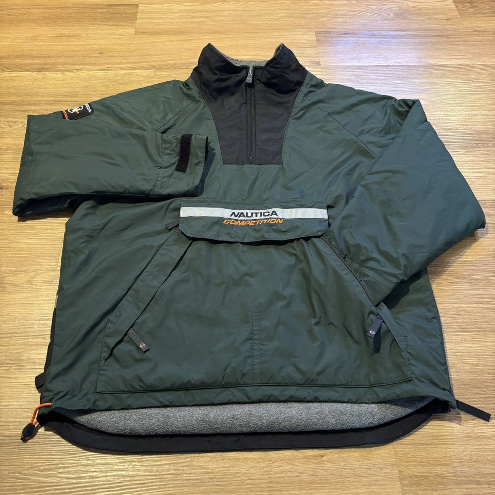 VTG 90s Nautica Competition Anorak Jacket Mens XL Dark Green Spellout Reflective